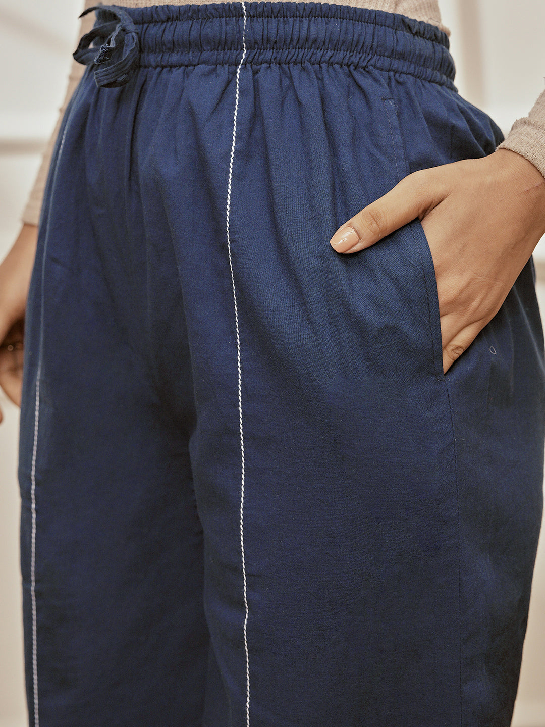 Women's Navy Blue Cambric Cotton Crop Top With Matching Joggers Yoga Set