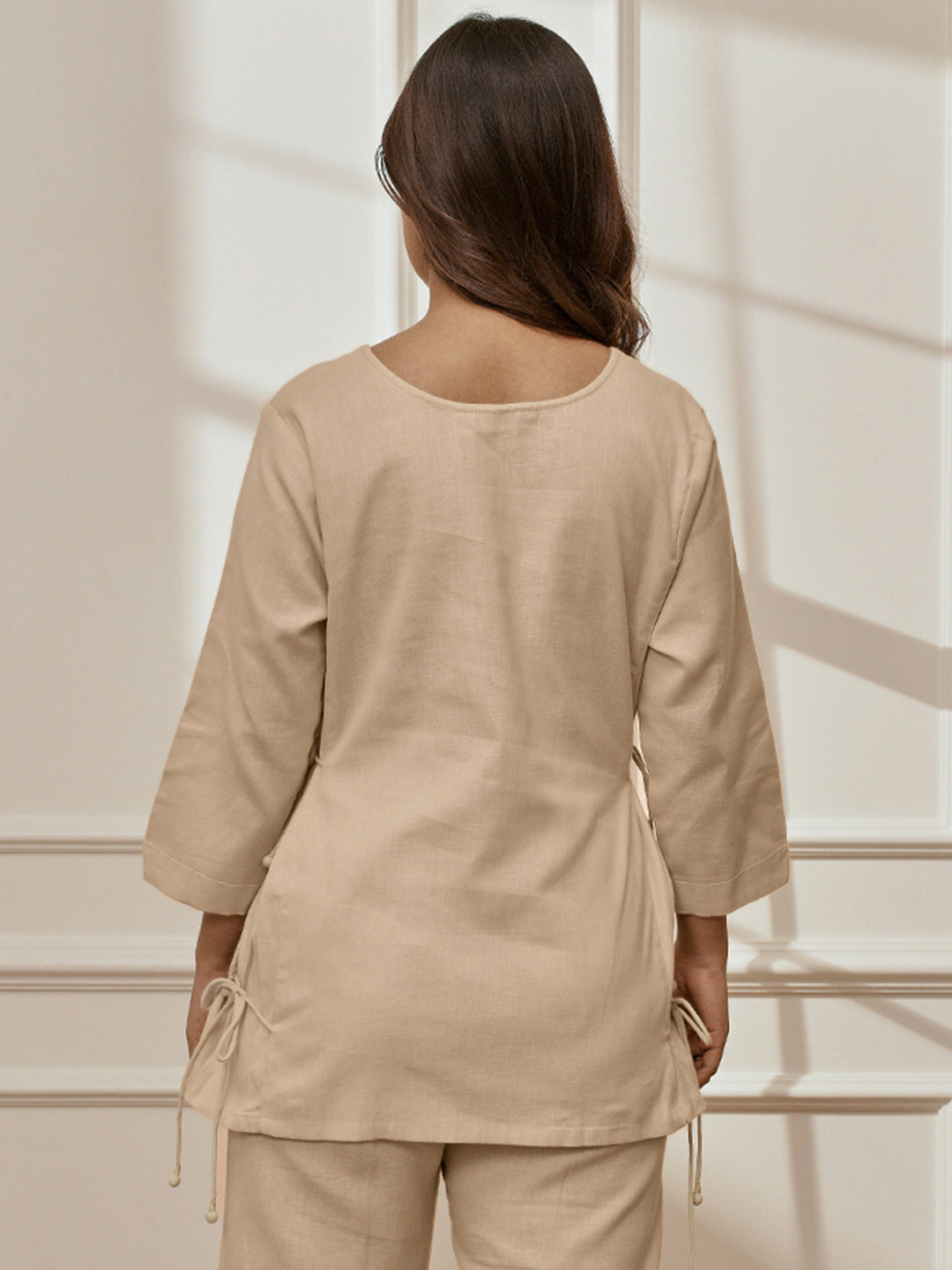 Women Beige Linen Cotton Round Neck Embroidered Yoga Top