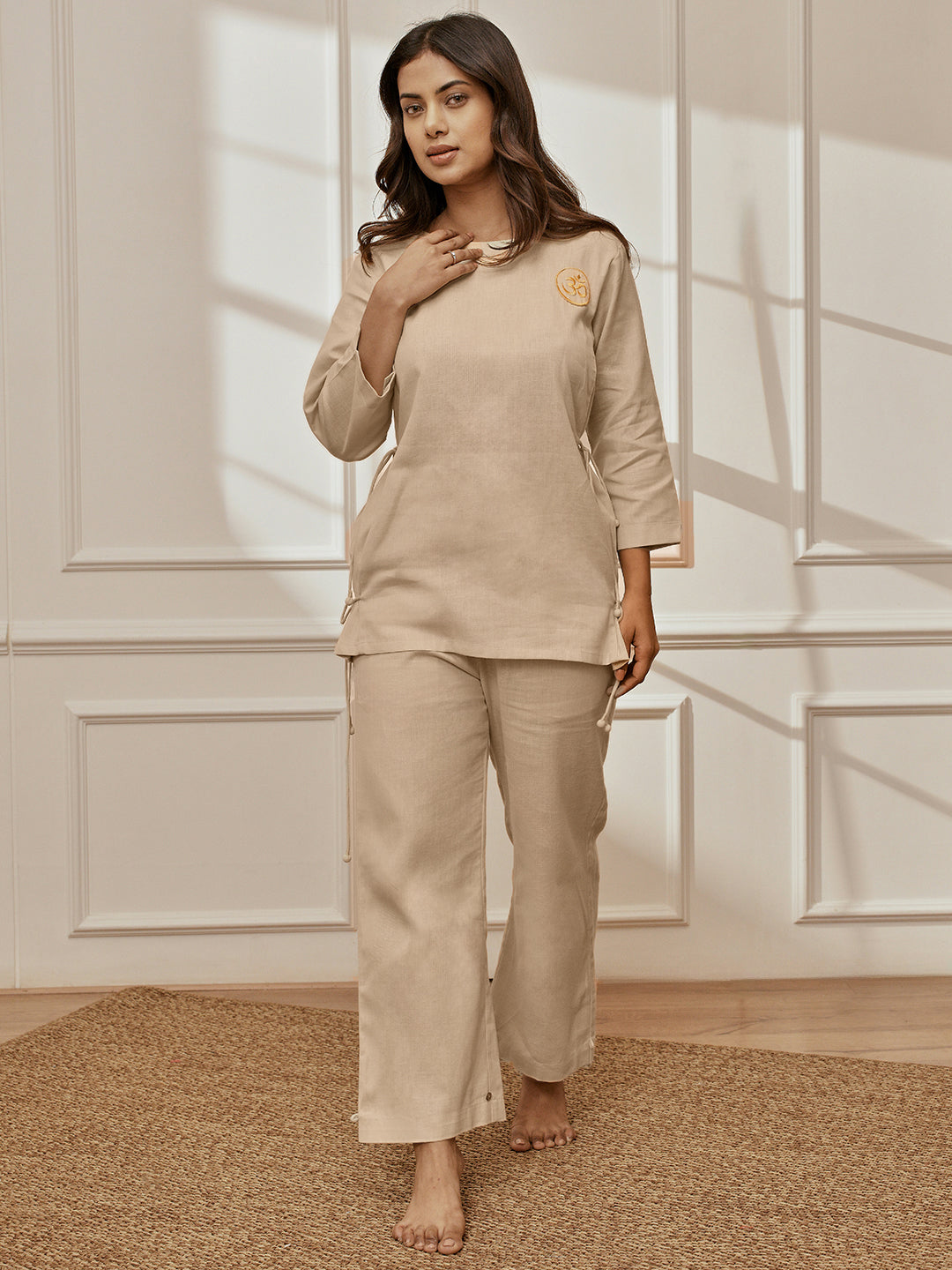 Women Beige Linen Cotton Three-Quarter Sleeves Top with Matching Straight Pants Yoga Set