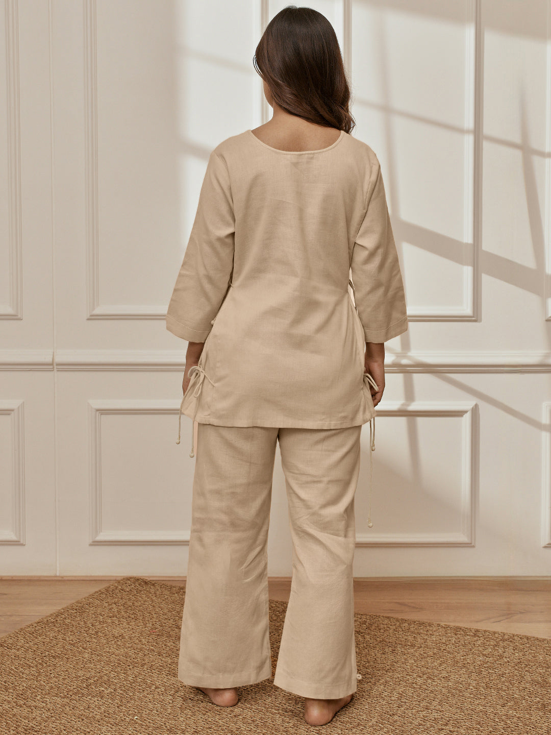Women Beige Linen Cotton Three-Quarter Sleeves Top with Matching Straight Pants Yoga Set