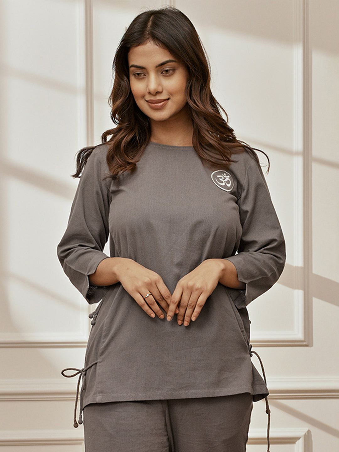 Women Grey Linen Cotton Round Neck Embroidered Yoga Top