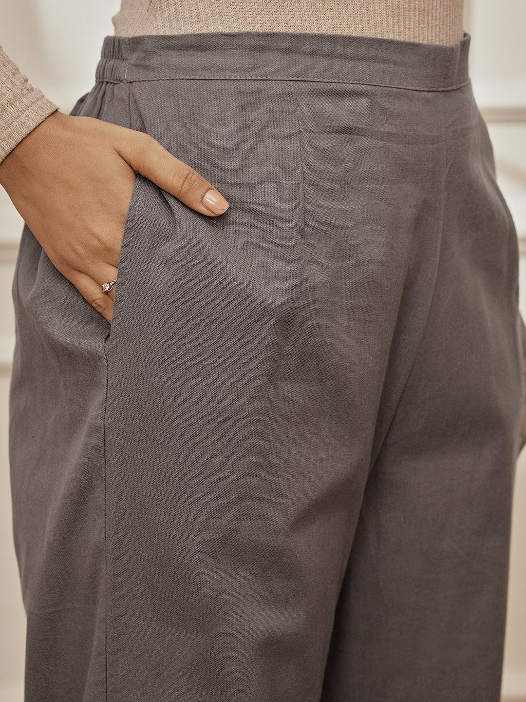 Women Grey Linen Cotton Three-Quarter Sleeves Top with Matching Straight Pants Yoga Set