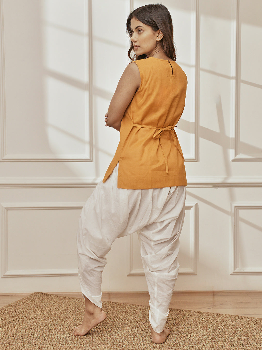 Women's Dusty Saffron Embroidered Yoga Kurta With White Dhoti Pants