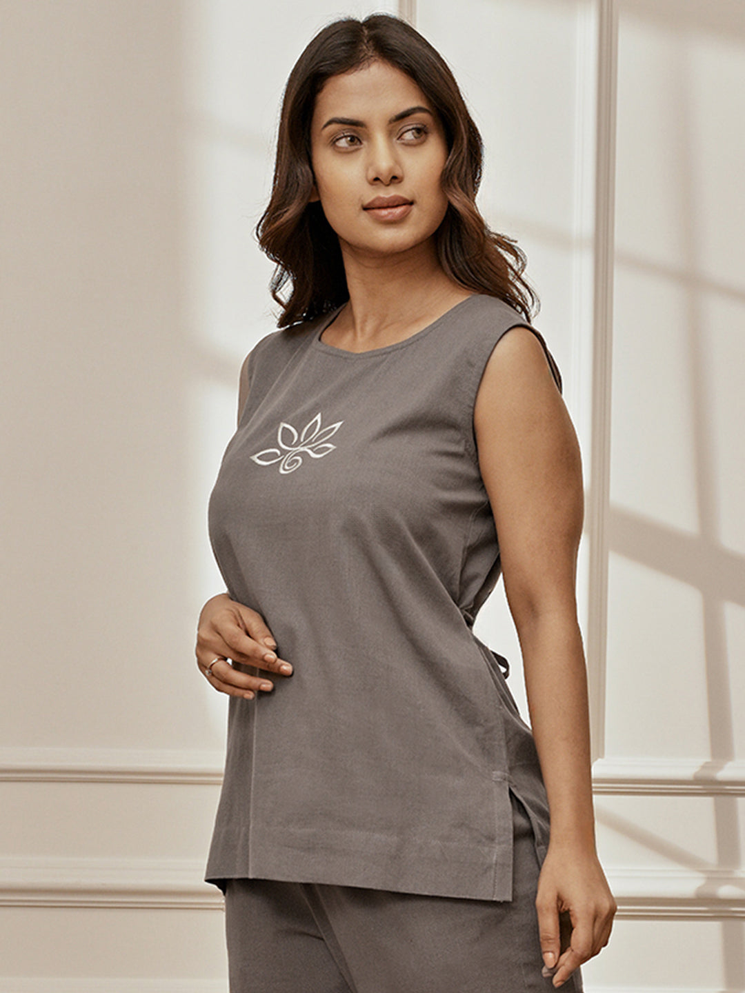 Women's Grey Linen Cotton Sleeveless Embroidered Yoga Top