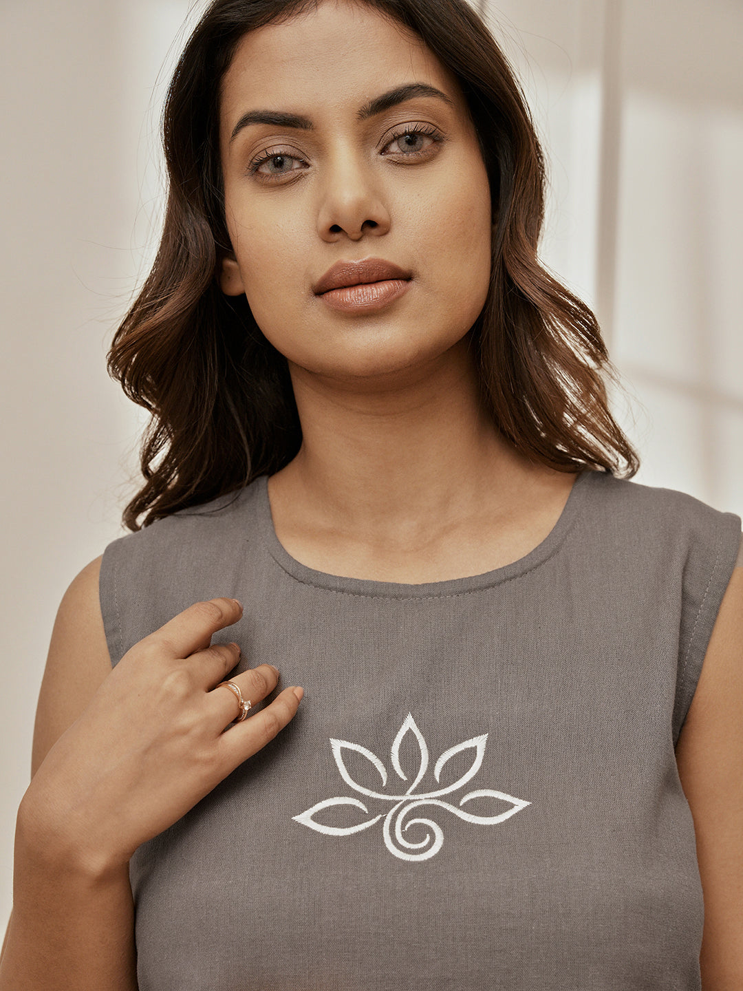 Women's Grey Embroidered Yoga Kurta With White Dhoti Pants