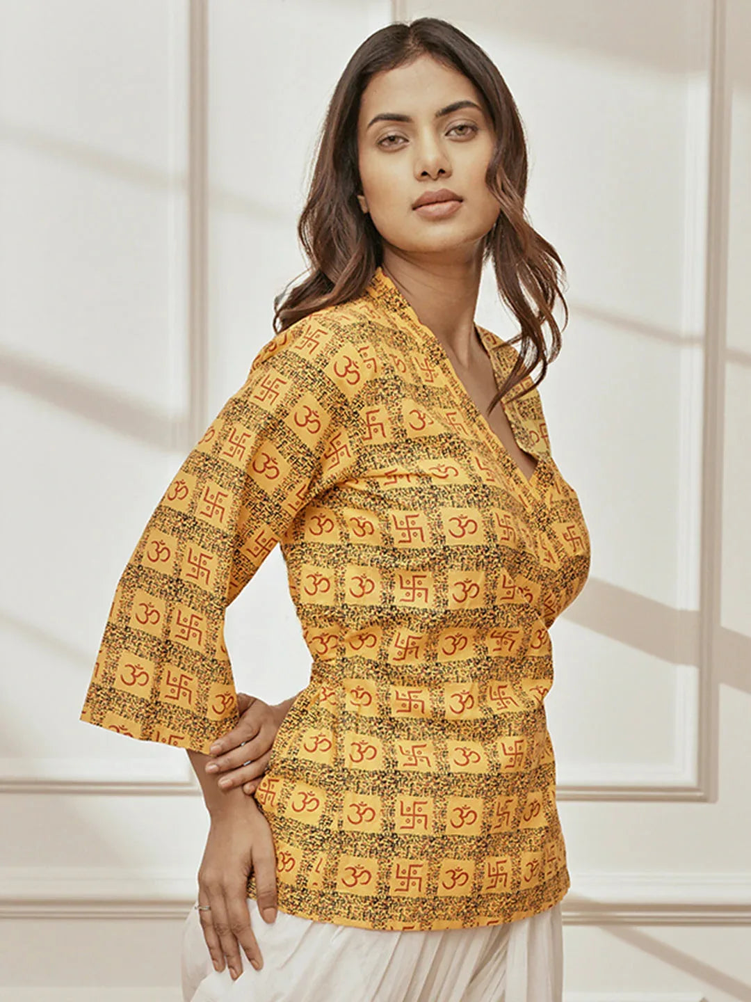 Women Yellow Printed Cotton Shawl Collar Wrap Yoga Top