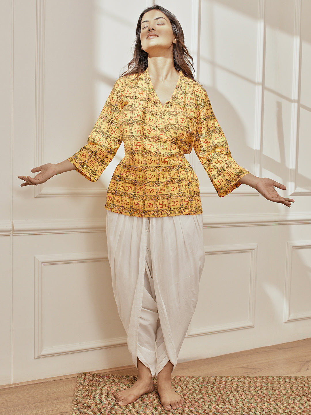 Women Yellow Printed Cotton Shawl Collar Wrap Yoga Top