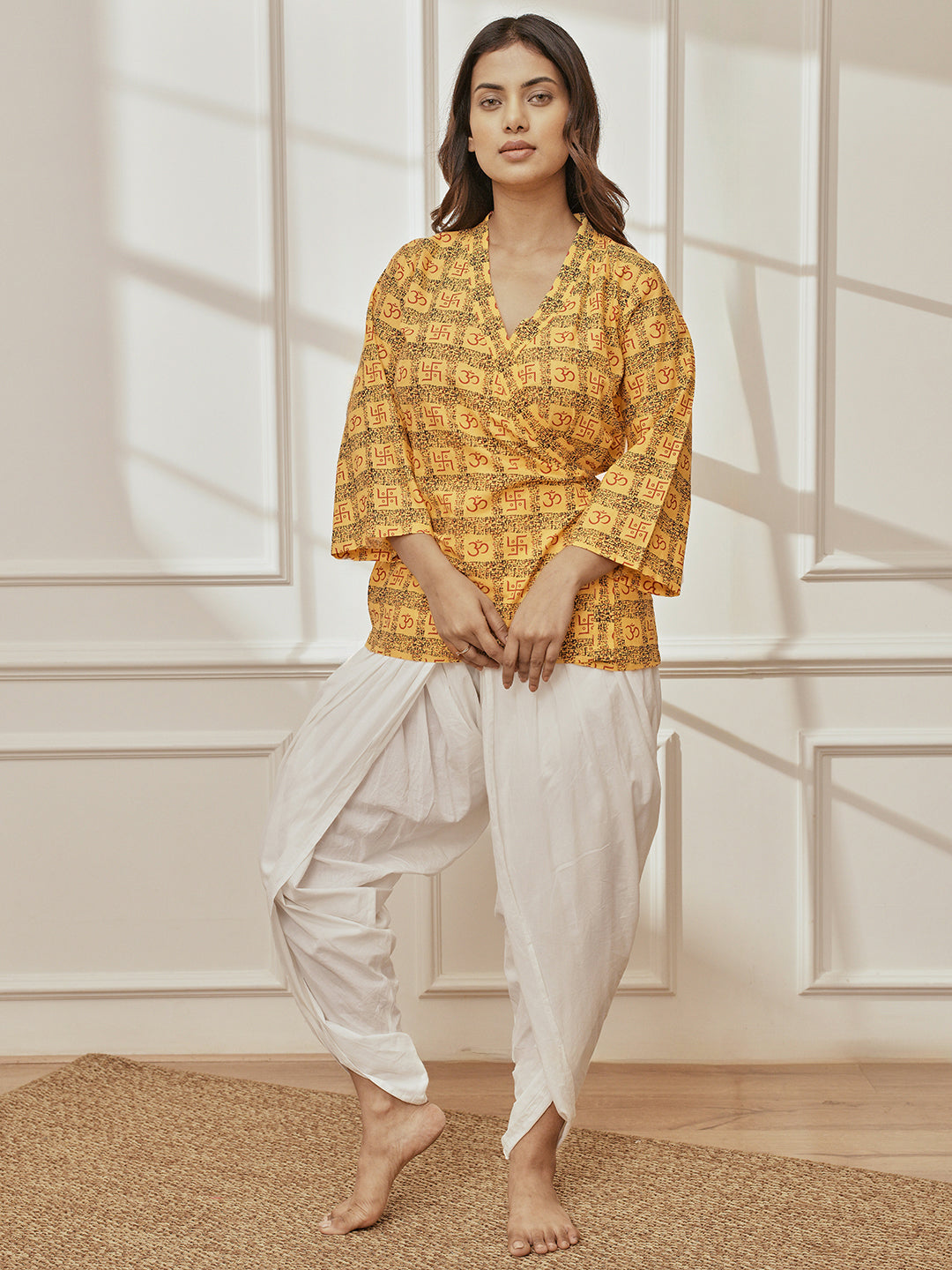 Women Yellow Printed Wrap Top with White Dhoti Pant