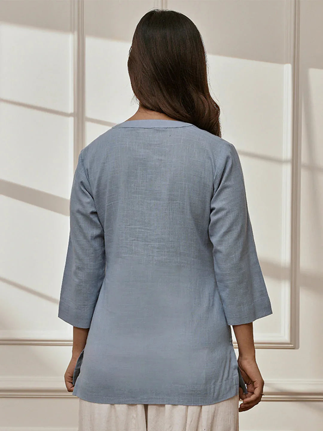 Women Aqua Cotton Linen Band Collar Yoga Kurta