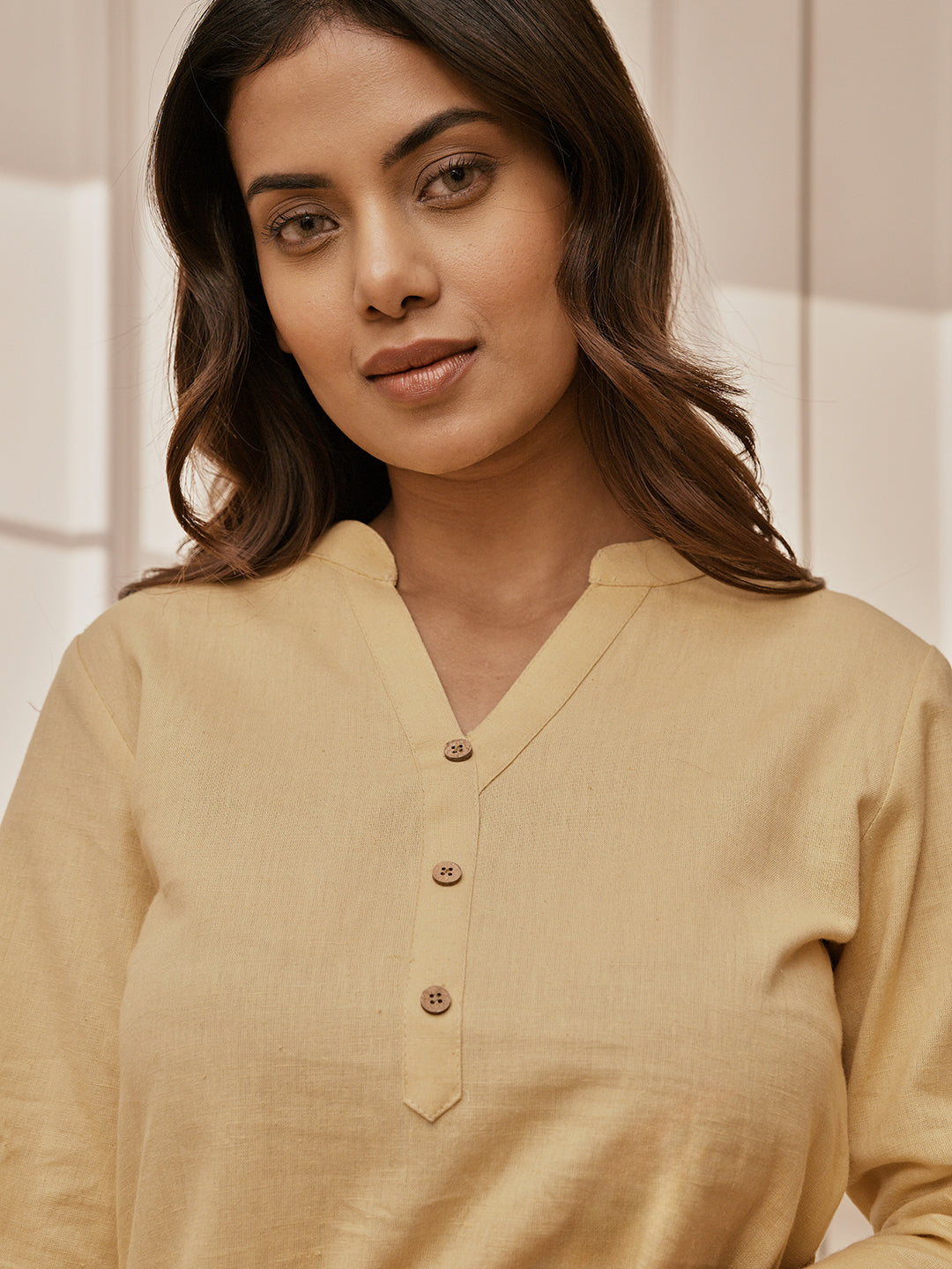 Women Chiku Cotton Linen Three-Quarter Sleeves Yoga Kurta with Straight Pants