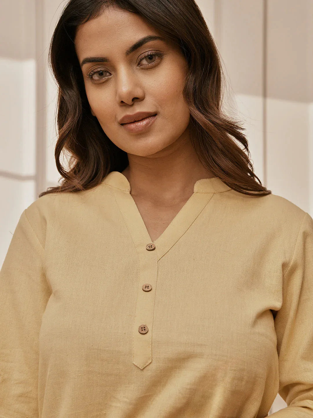 Women Chiku Cotton Linen Three-Quarter Sleeves Yoga Kurta with Straight Pants