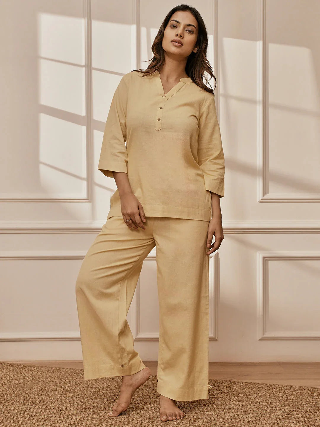 Women Chiku Cotton Linen Three-Quarter Sleeves Yoga Kurta with Straight Pants