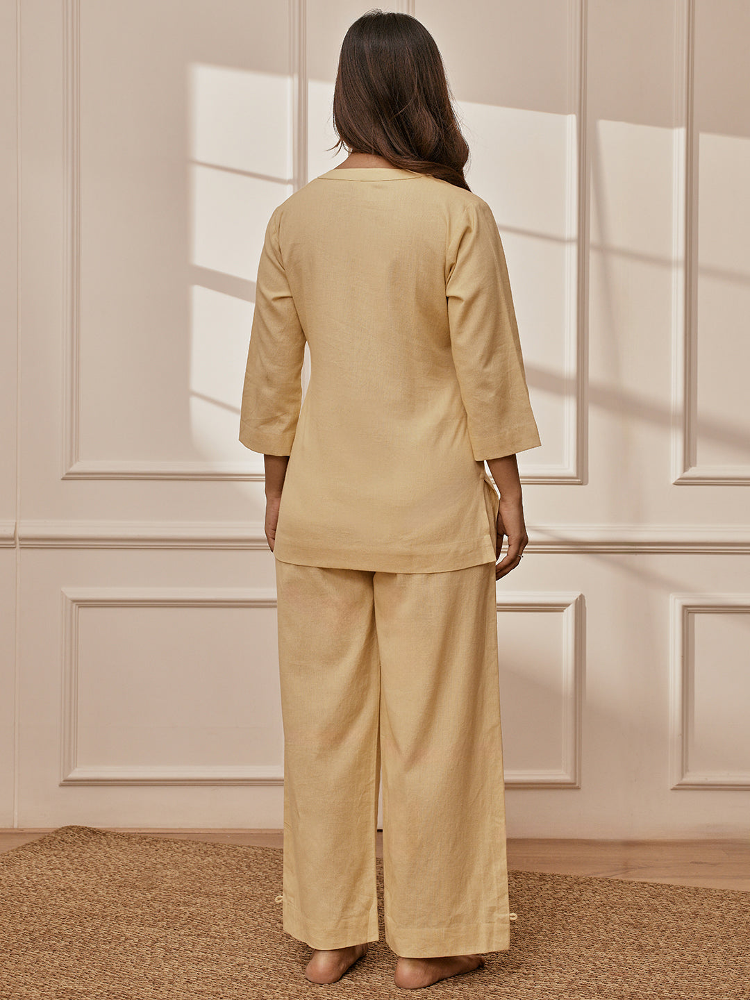 Women Chiku Cotton Linen Three-Quarter Sleeves Yoga Kurta with Straight Pants