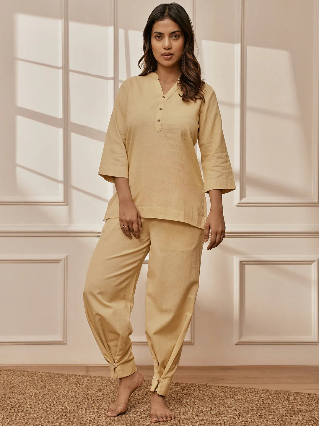 Women Chiku Cotton Linen Three-Quarter Sleeves Yoga Kurta with Straight Pants