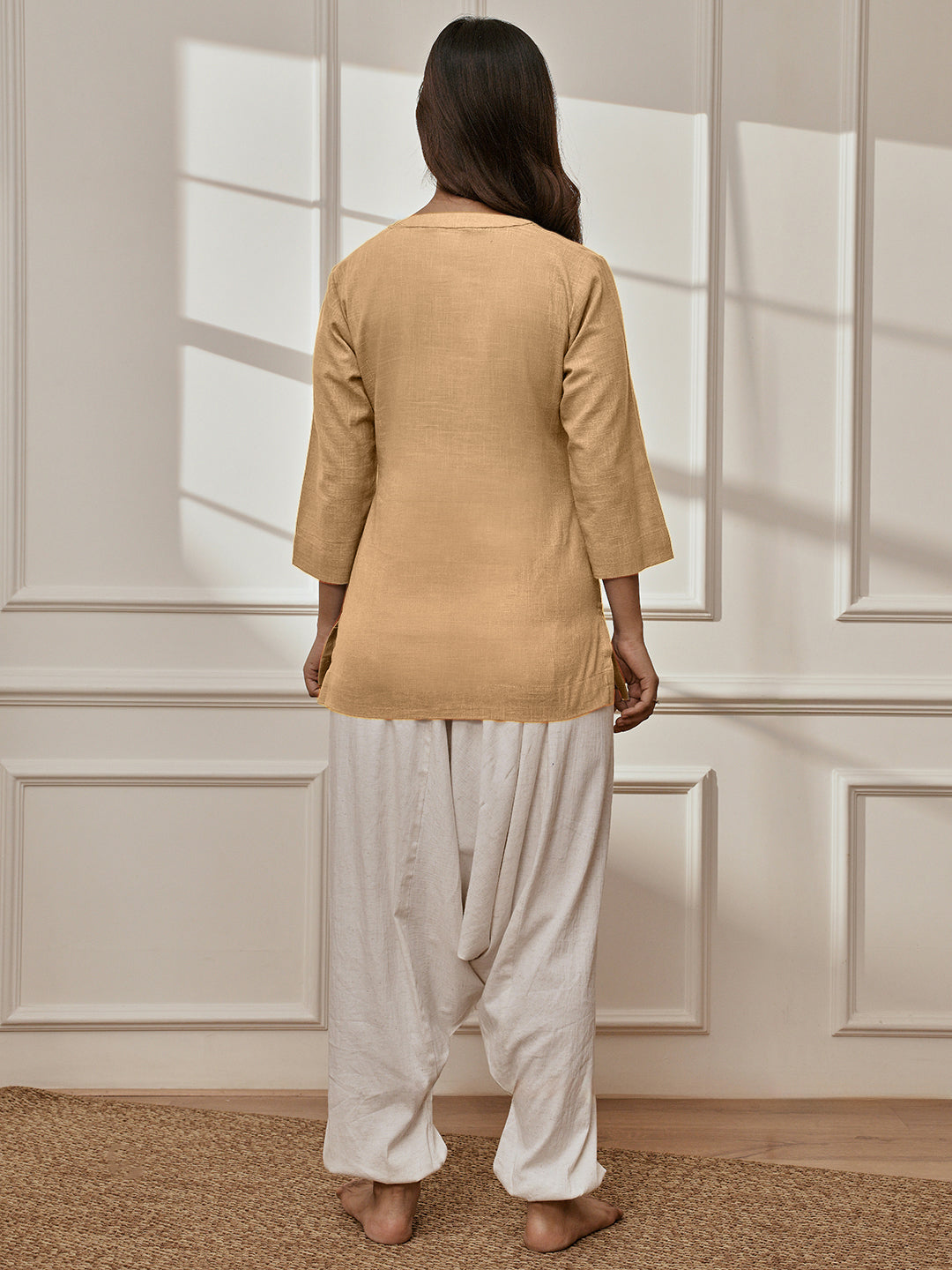 Women's Chiku Cotton Linen Kurta With White Cotton Lycra Harem Pants Yoga Set