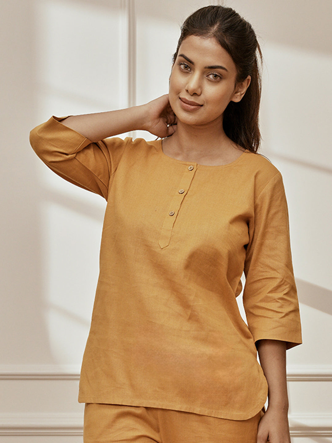 Women's Dusty Saffron Linen Cotton Round Neck Yoga Kurta