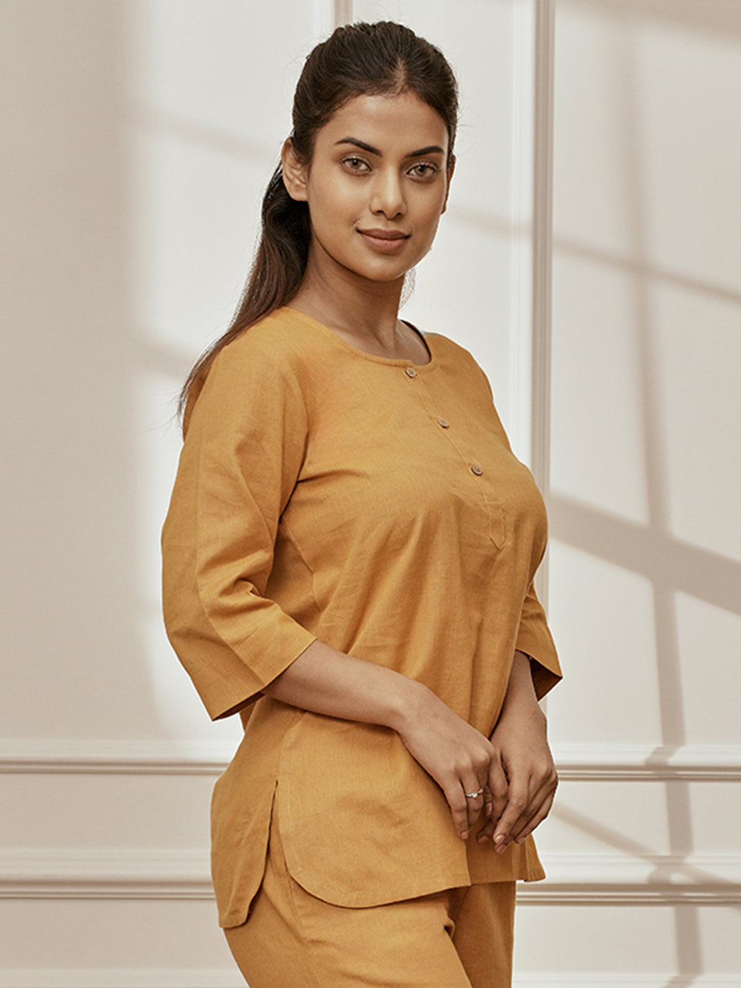 Women's Dusty Saffron Linen Cotton Round Neck Yoga Kurta