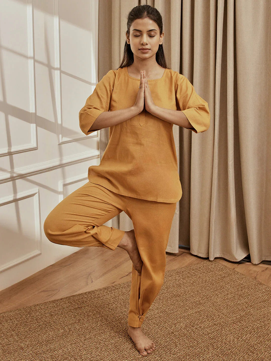 Women's Dusty Saffron Linen Cotton Three-Quarter Sleeves Kurta With Matching Straight Pants