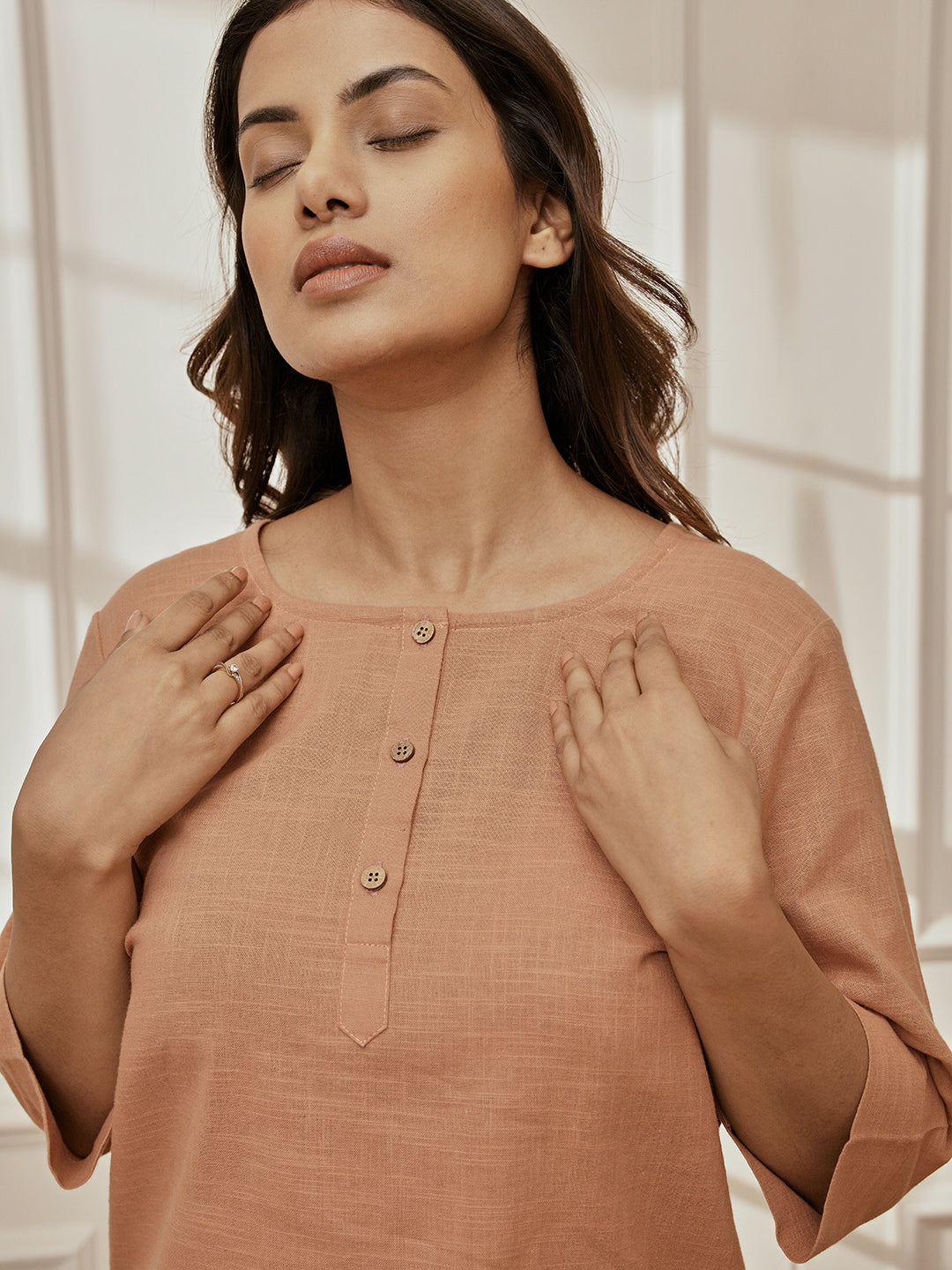 Women's Rose Pink Cotton Linen Kurta With White Cambric Dhoti Pants Yoga Set