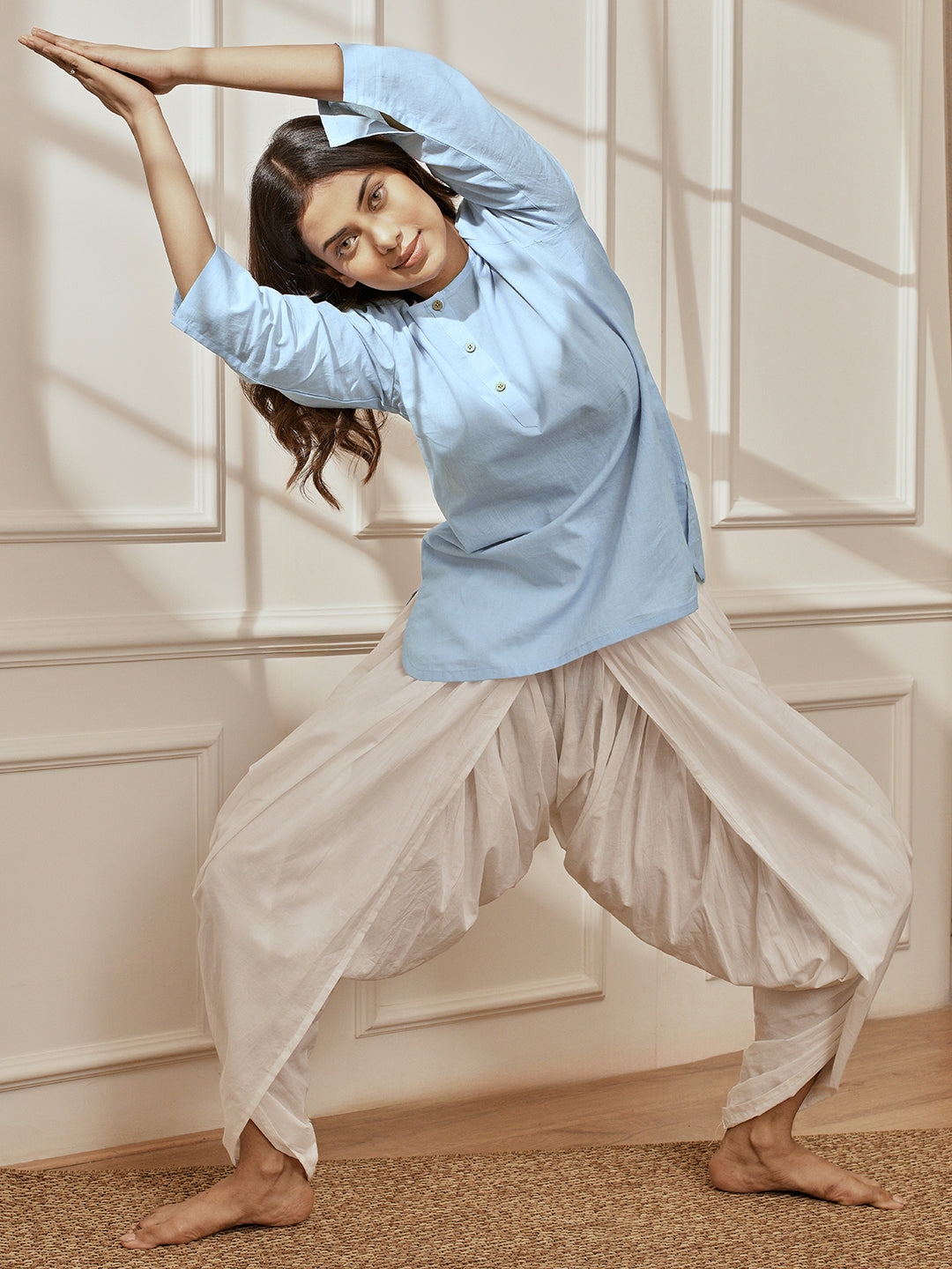 Women's Aqua Cambric Cotton Kurta With White Cambric Dhoti Pants Yoga Set