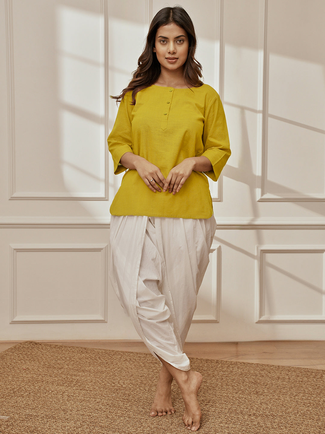 Women's Olive Green Cambric Cotton Kurta With White Cambric Dhoti Pants Yoga Set