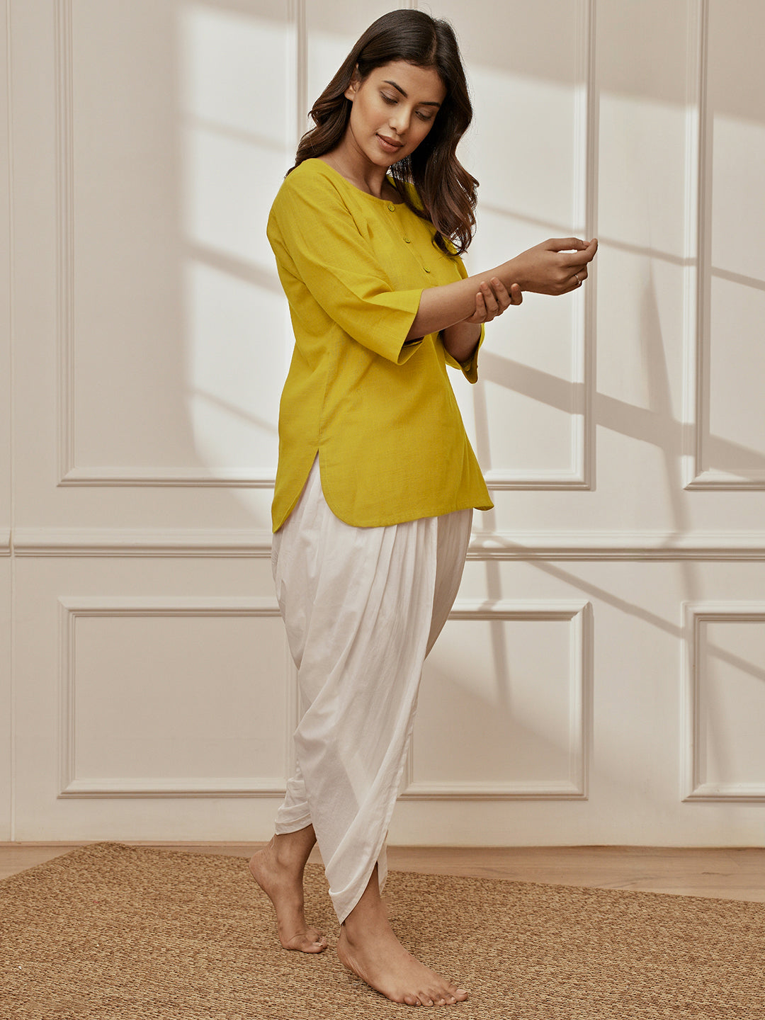 Women's Olive Green Cambric Cotton Kurta With White Cambric Dhoti Pants Yoga Set