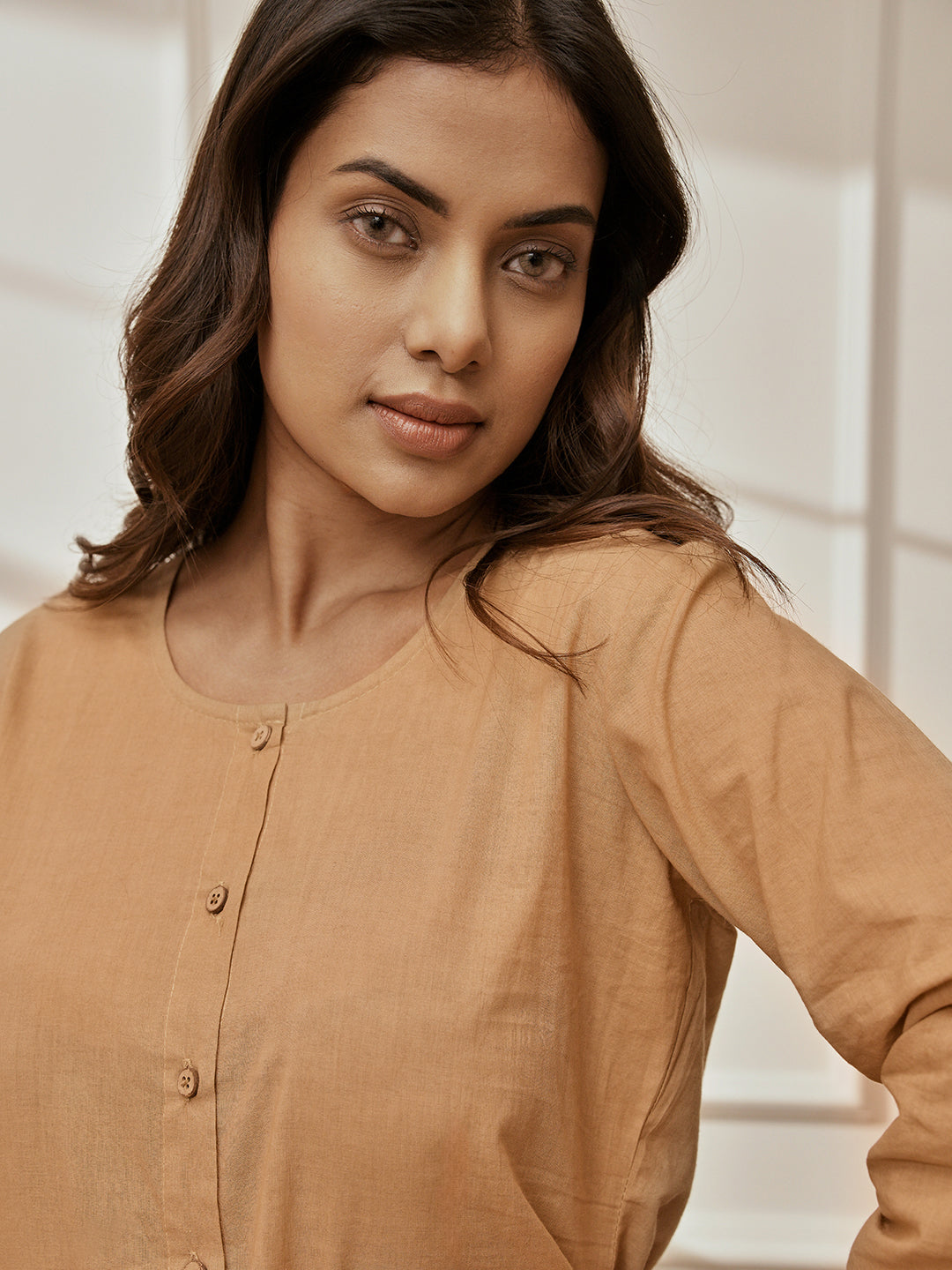 Women's Beige Cambric Cotton Round Neck Yoga Kurta