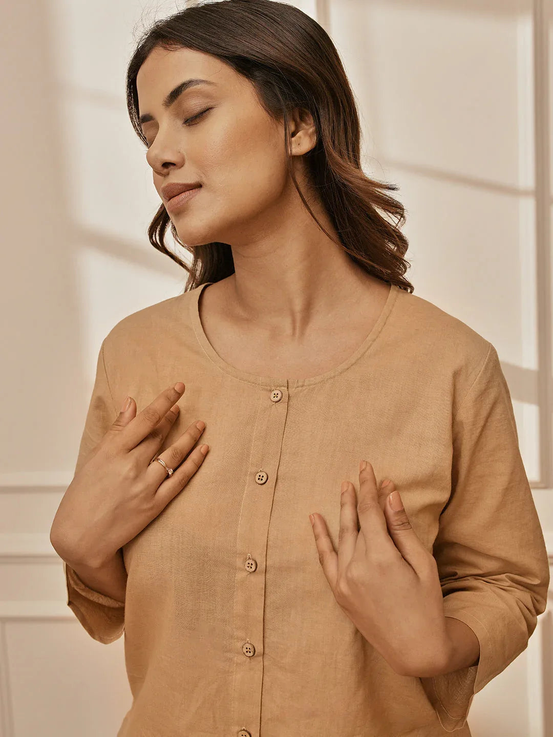 Women's Beige Cambric Cotton Shirt Style Kurta With White Cambric Dhoti Pants Yoga Set