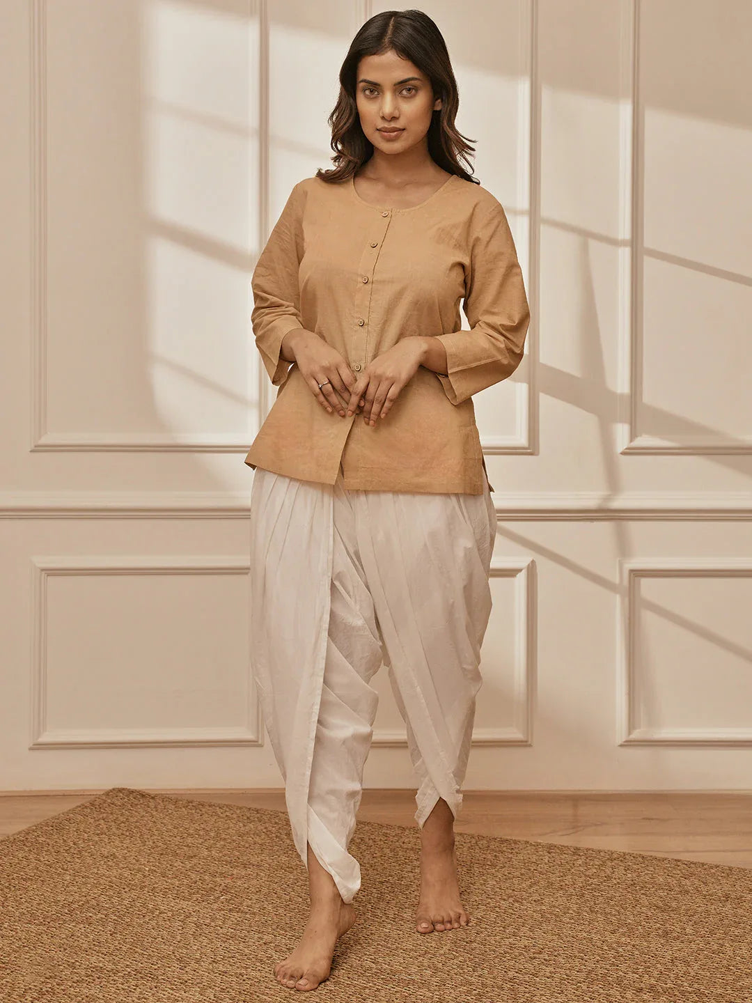 Women's Beige Cambric Cotton Shirt Style Kurta With White Cambric Dhoti Pants Yoga Set