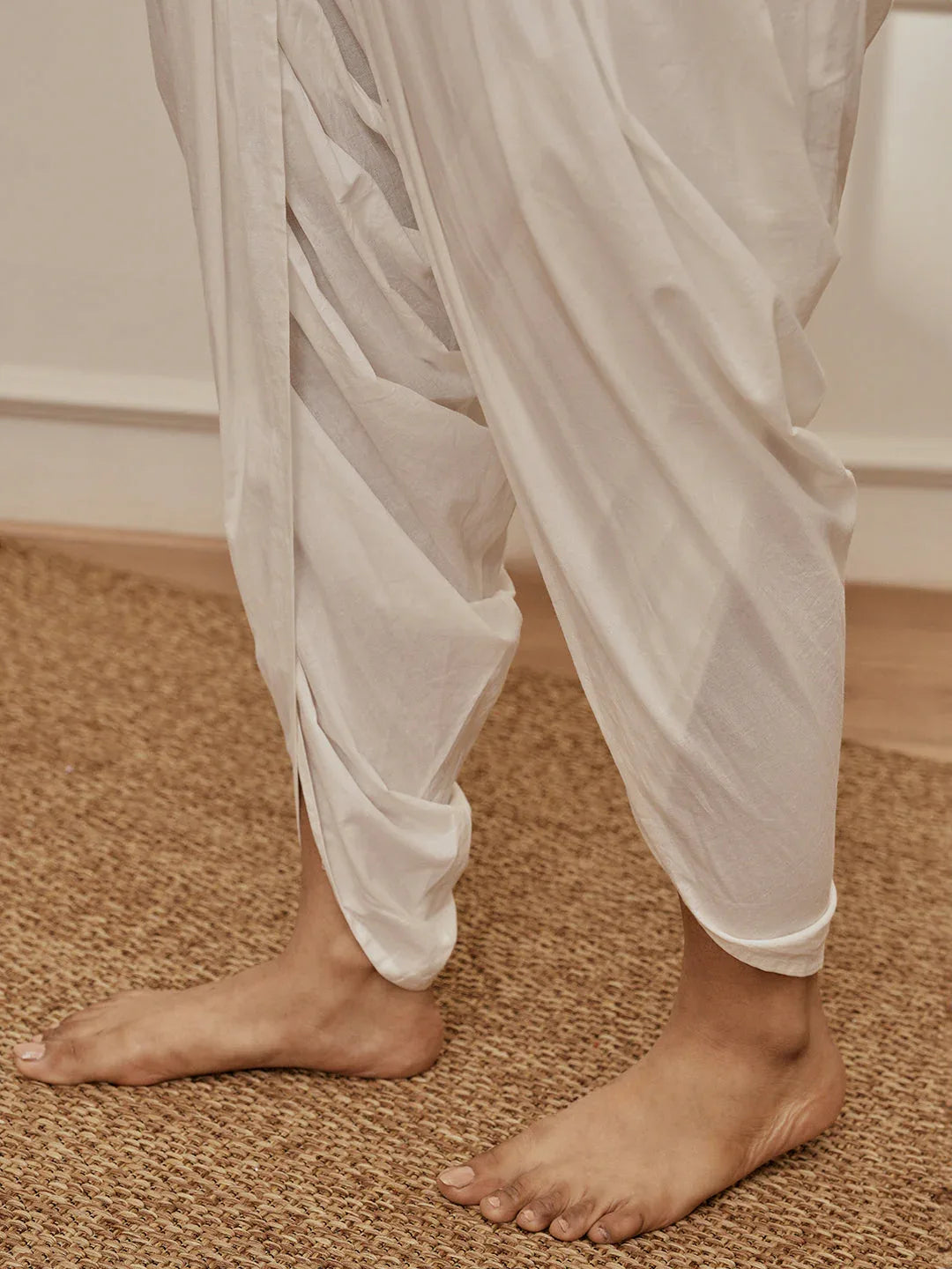 Women's Beige Cambric Cotton Shirt Style Kurta With White Cambric Dhoti Pants Yoga Set