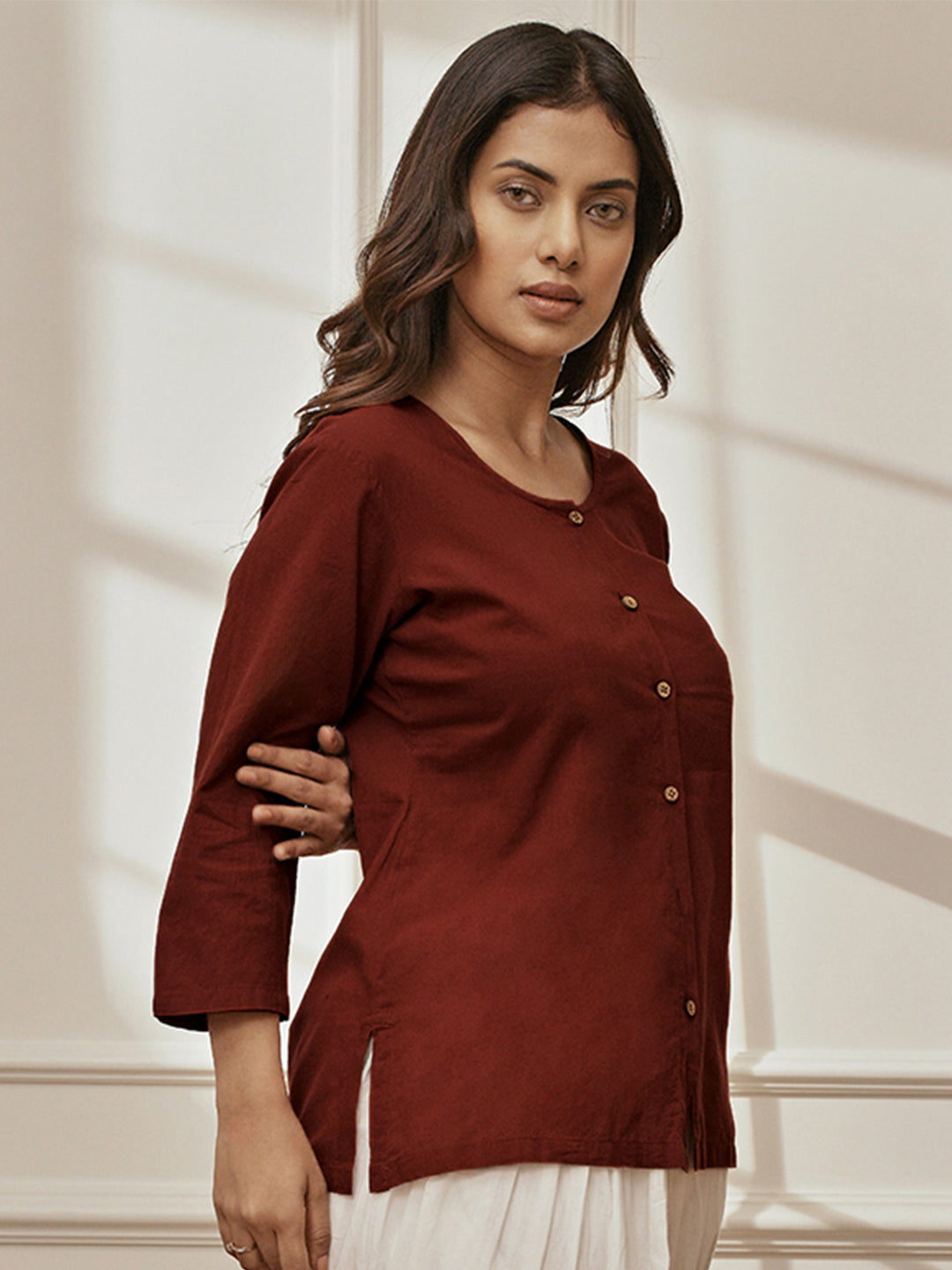 Women's Maroon Cambric Cotton Round Neck Yoga Kurta