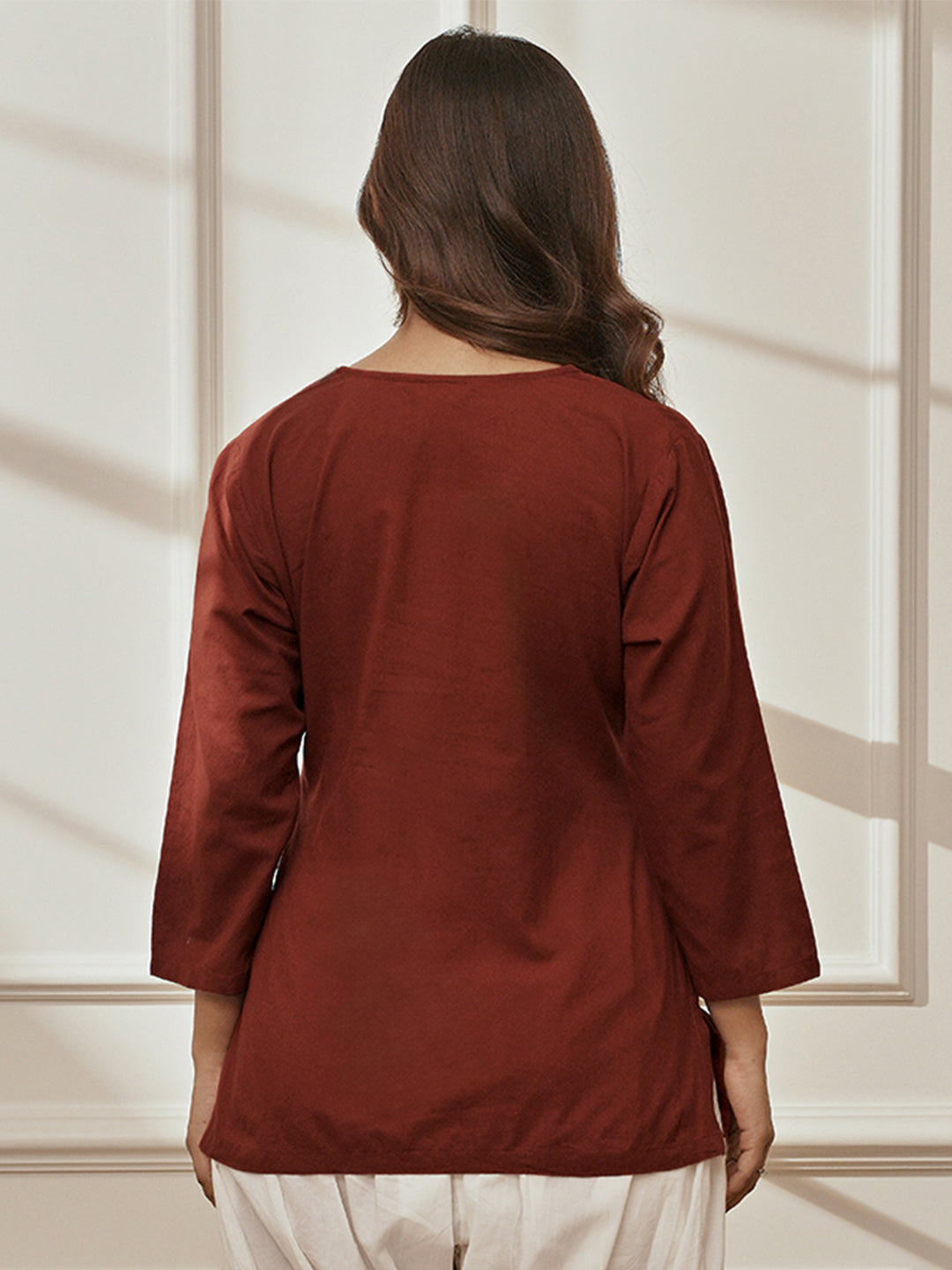 Women's Maroon Cambric Cotton Round Neck Yoga Kurta