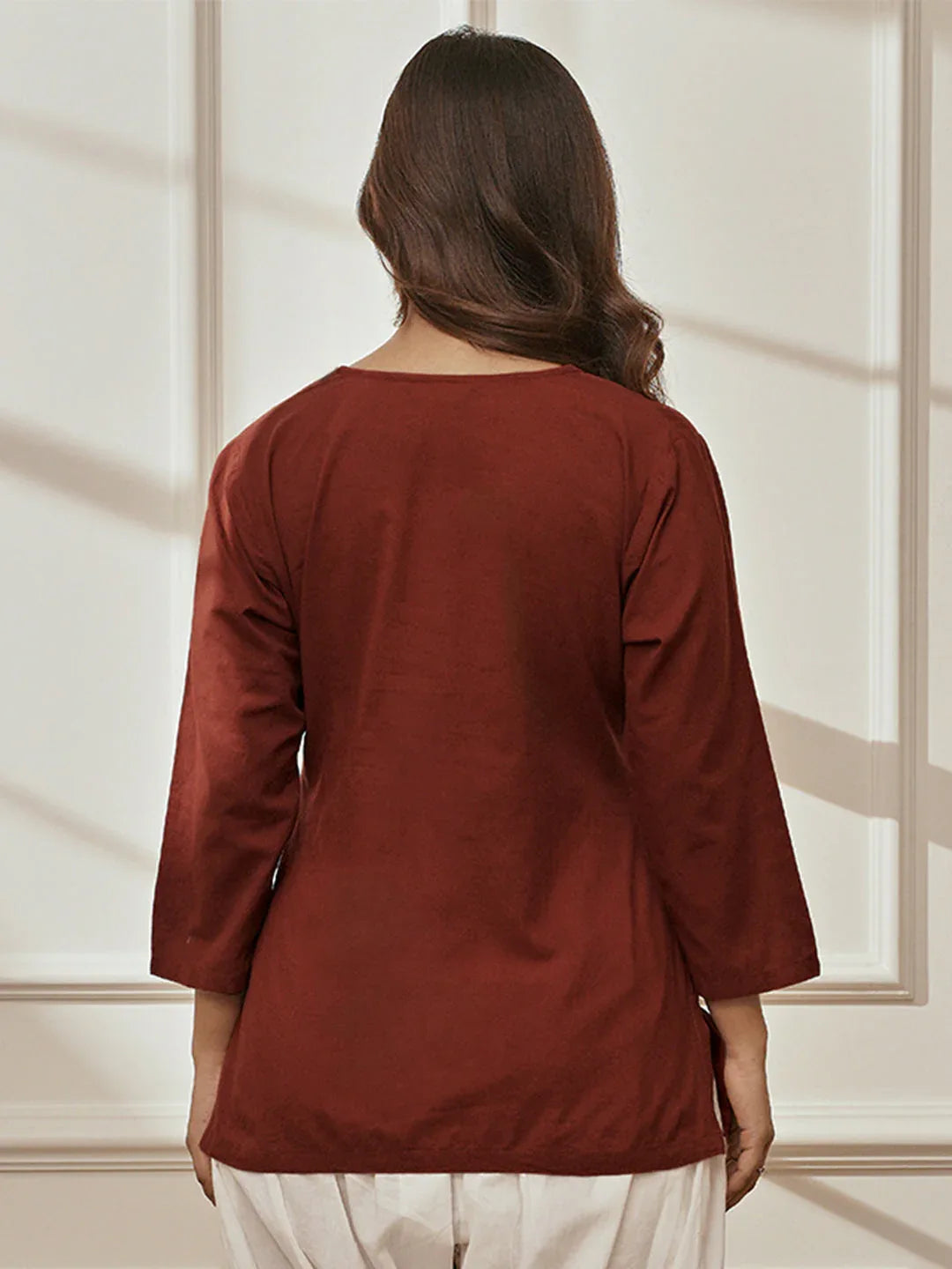 Women's Maroon Cambric Cotton Round Neck Yoga Kurta