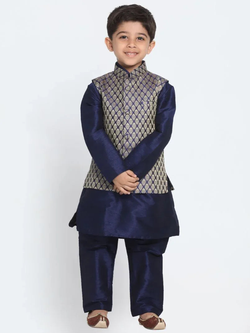 Boys' Blue Woven Design Nehru Jacket & Navy Blue Kurta Pyjamas Set