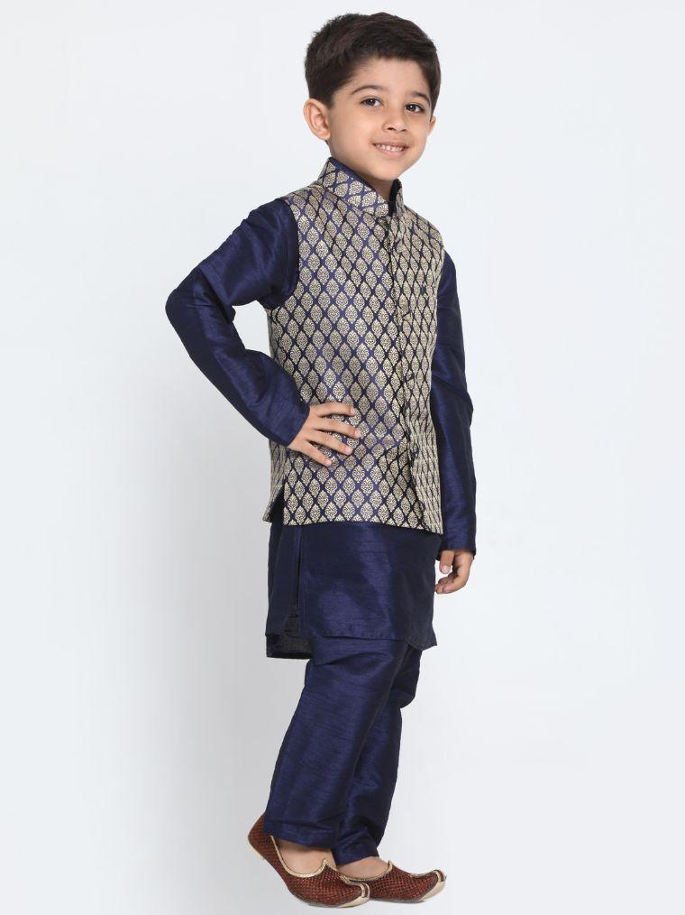 Boys' Blue Woven Design Nehru Jacket & Navy Blue Kurta Pyjamas Set