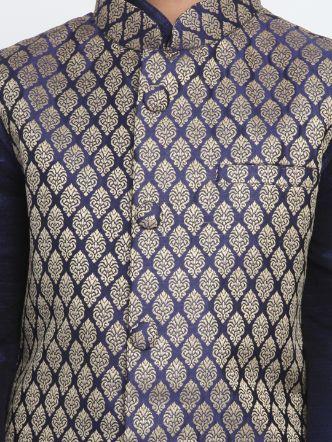 Vastramay Boys' Blue Woven Design Nehru Jacket & Navy Blue Kurta Pyjamas Set - qivii