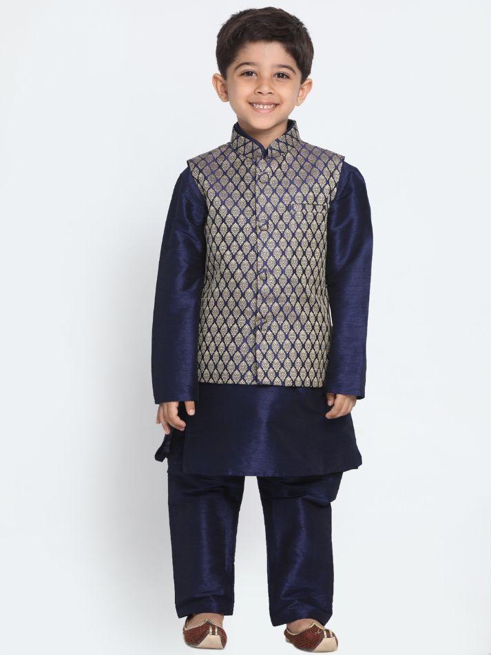 Vastramay Boys' Blue Woven Design Nehru Jacket & Navy Blue Kurta Pyjamas Set - qivii