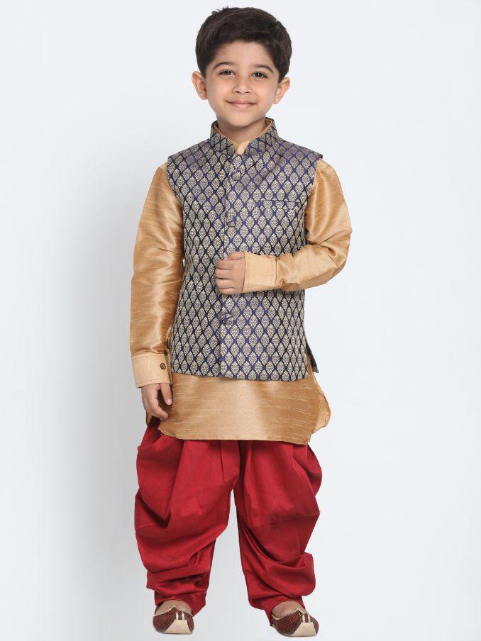 VASTRAMAY Boys' Blue Cotton Silk Blend Ethnic Jacket, Golden Kurta and Dhoti Pant Set - qivii