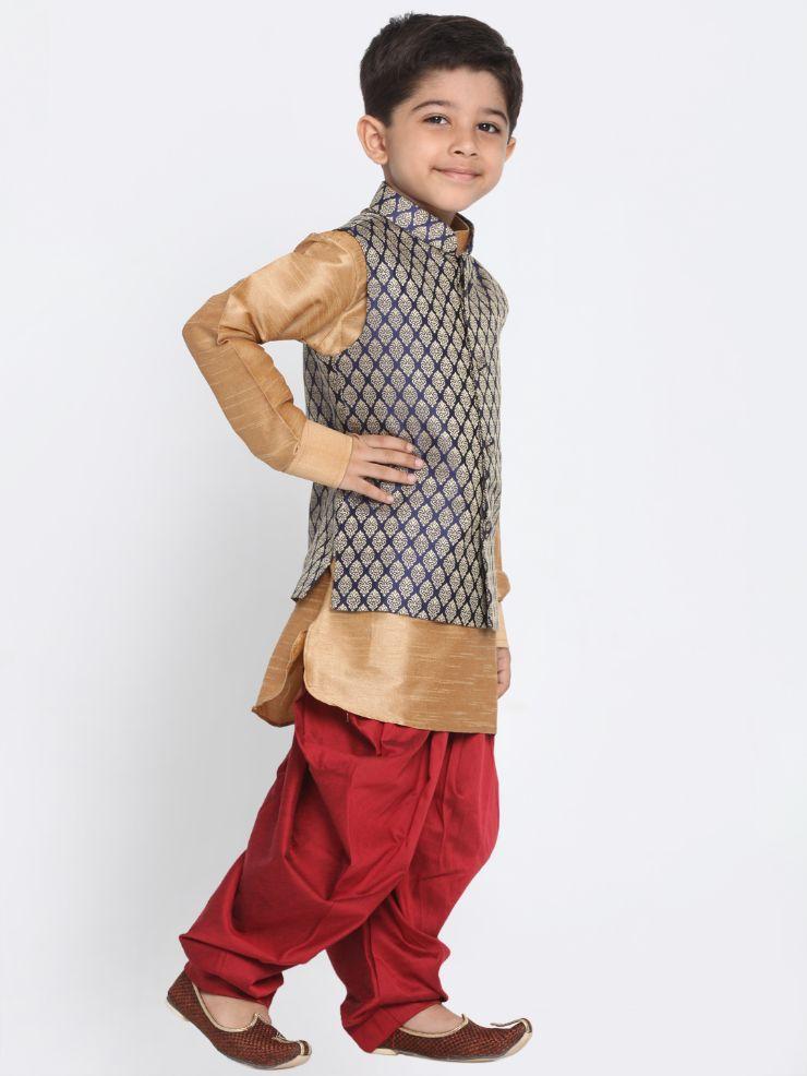 VASTRAMAY Boys' Blue Cotton Silk Blend Ethnic Jacket, Golden Kurta and Dhoti Pant Set - qivii