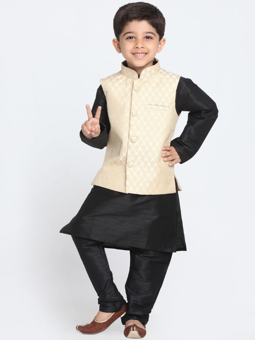 Vastramay Boys' Cream Cotton Silk Blend Waistcoat, Black Kurta and Pyjama Set - qivii