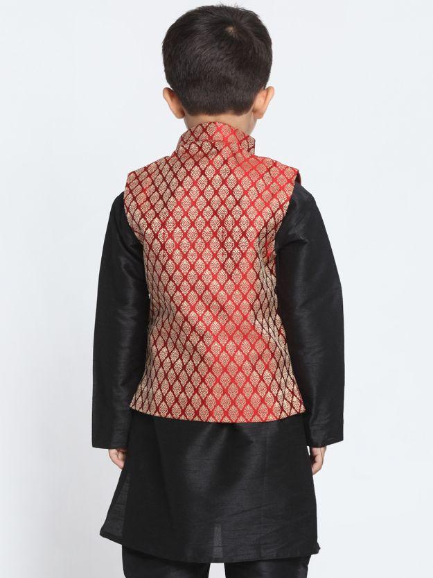Boys' Maroon Cotton Silk Blend Nehru Jacket - qivii