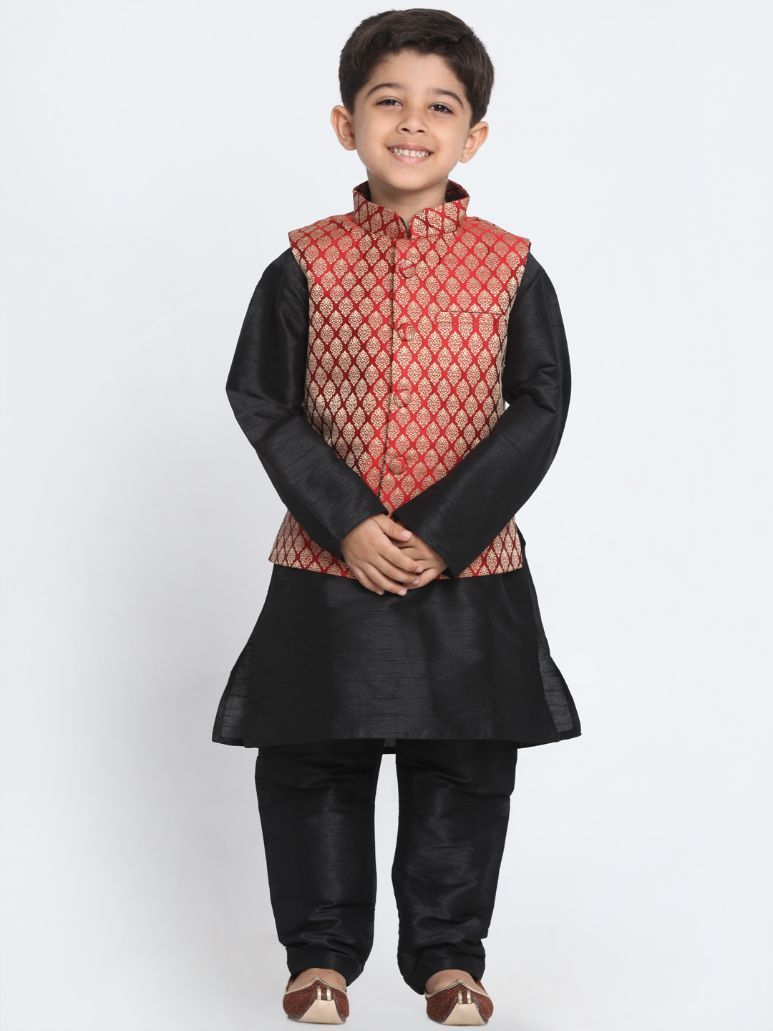 Vastramay Boys' Maroon Cotton Silk Blend Waistcoat, Black Kurta and Pyjama Set - qivii