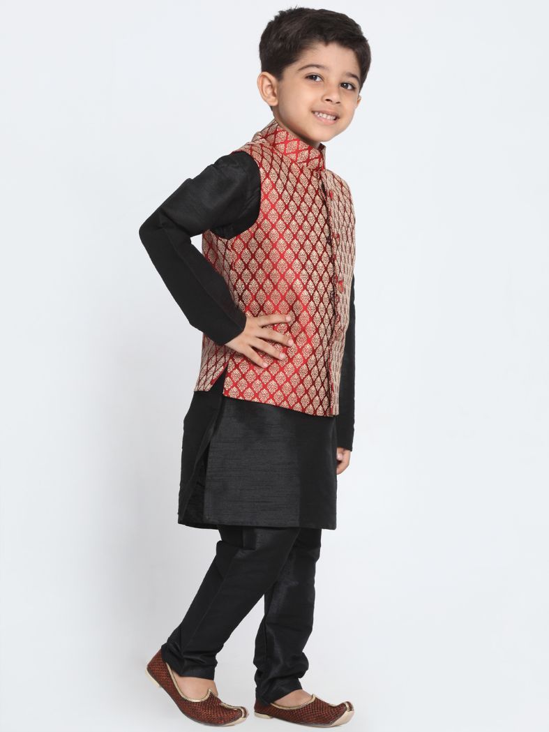 Vastramay Boys' Maroon Cotton Silk Blend Waistcoat, Black Kurta and Pyjama Set - qivii