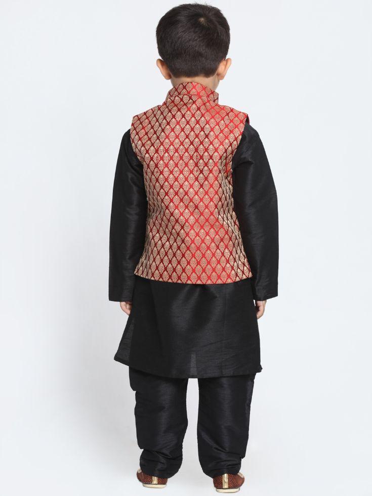 Vastramay Boys' Maroon Cotton Silk Blend Waistcoat, Black Kurta and Pyjama Set - qivii