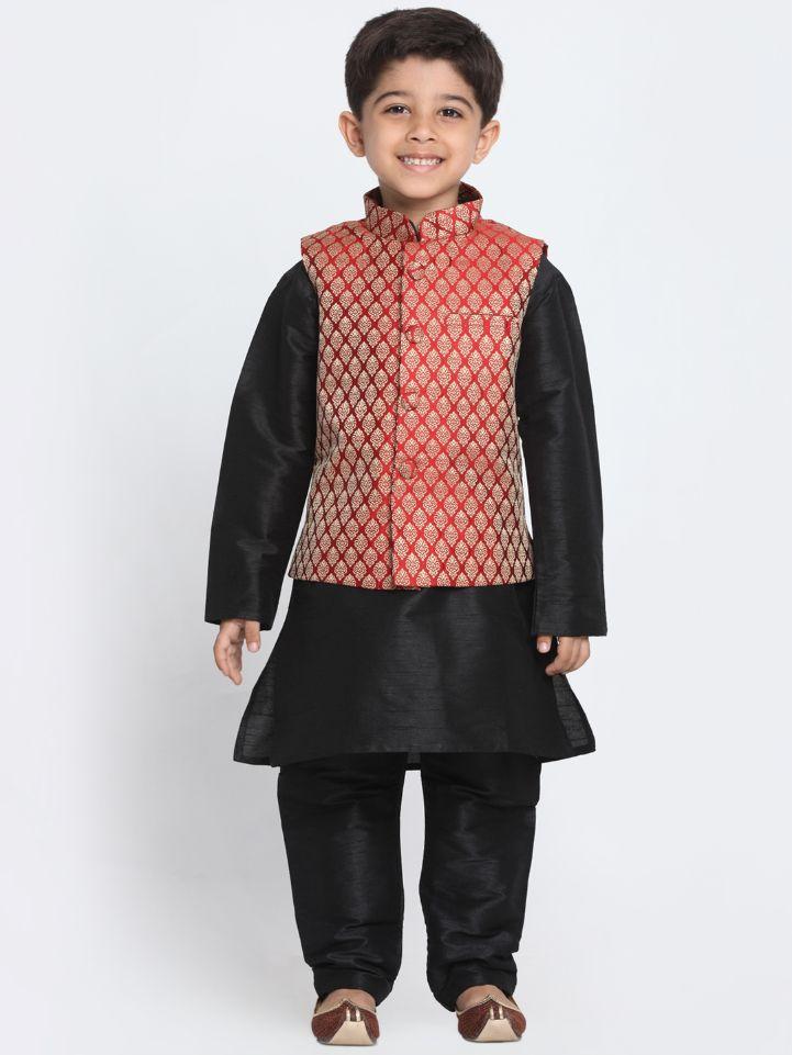 Vastramay Boys' Maroon Cotton Silk Blend Waistcoat, Black Kurta and Pyjama Set - qivii