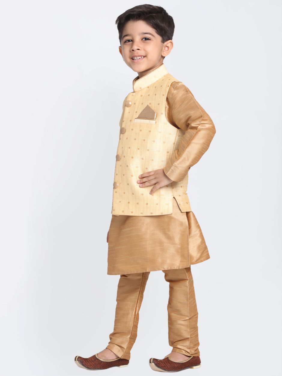 Vastramay Boys' Gold Cotton Silk Blend Kurta, Waistcoat and Pyjama Set - qivii