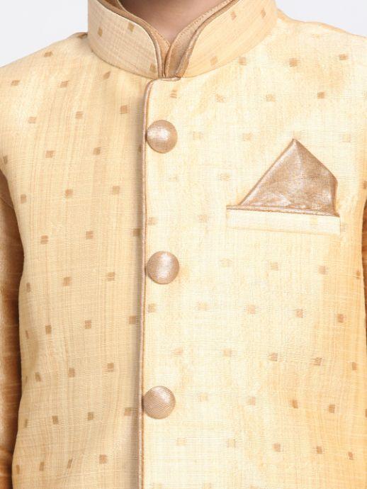 Vastramay Boys' Gold Cotton Silk Blend Kurta, Waistcoat and Pyjama Set - qivii