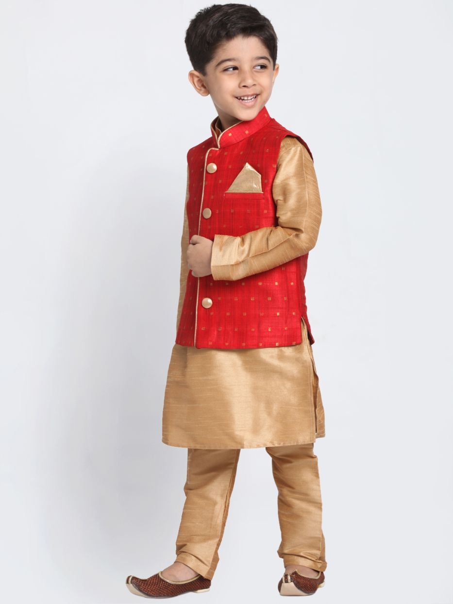 Vastramay Boys' Maroon Woven Design Nehru Jacket With Rose Gold Kurta and Pajamas Set - qivii