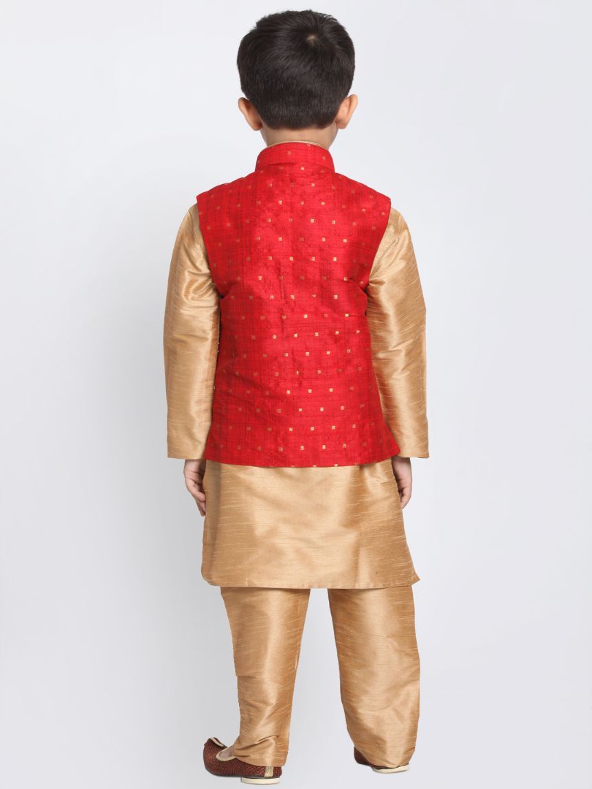 Vastramay Boys' Maroon Woven Design Nehru Jacket With Rose Gold Kurta and Pajamas Set - qivii