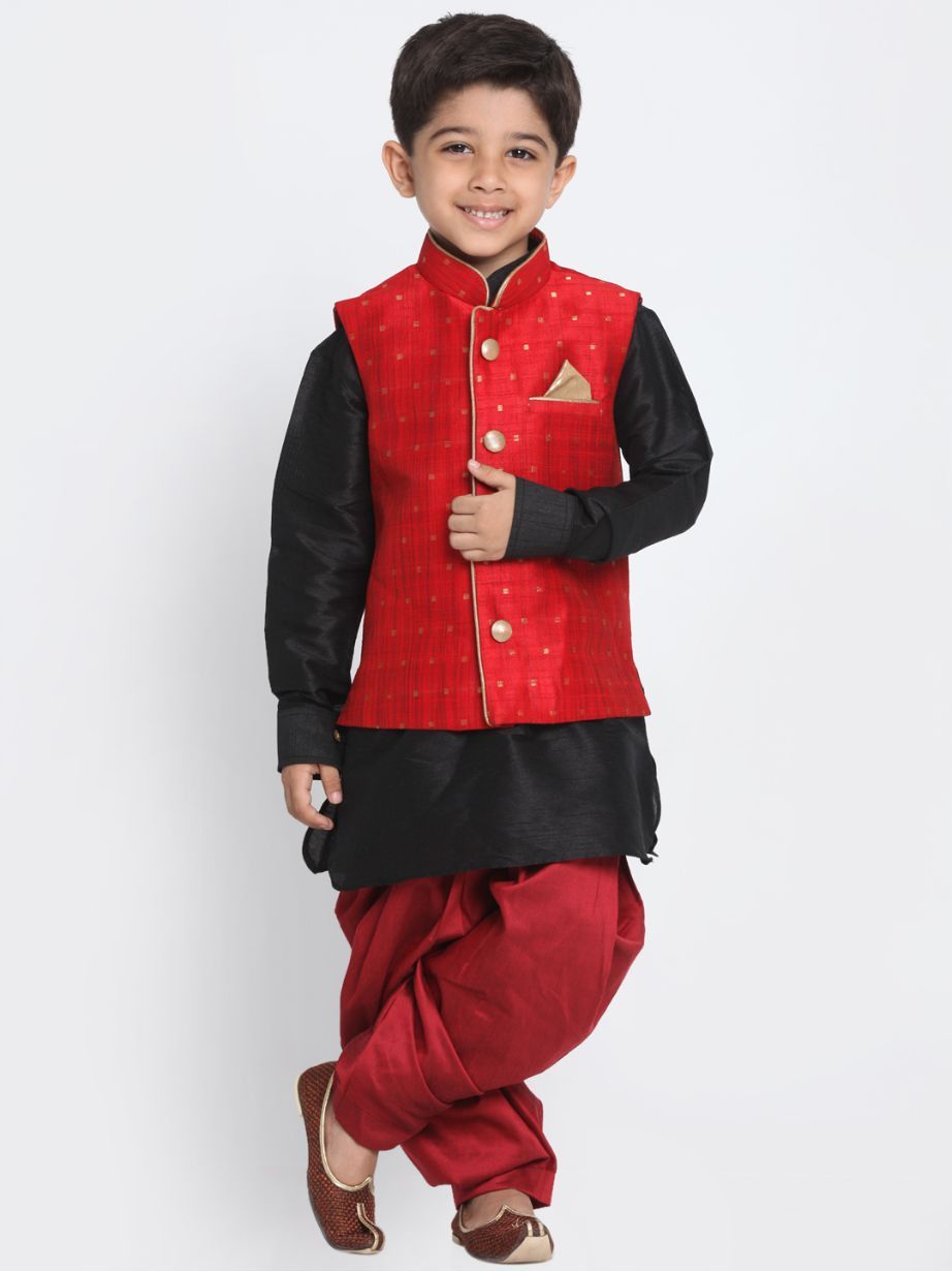 VASTRAMAY Boys' Maroon Cotton Silk Blend Ethnic Jacket, Black Kurta and Maroon Dhoti Pant Set - qivii